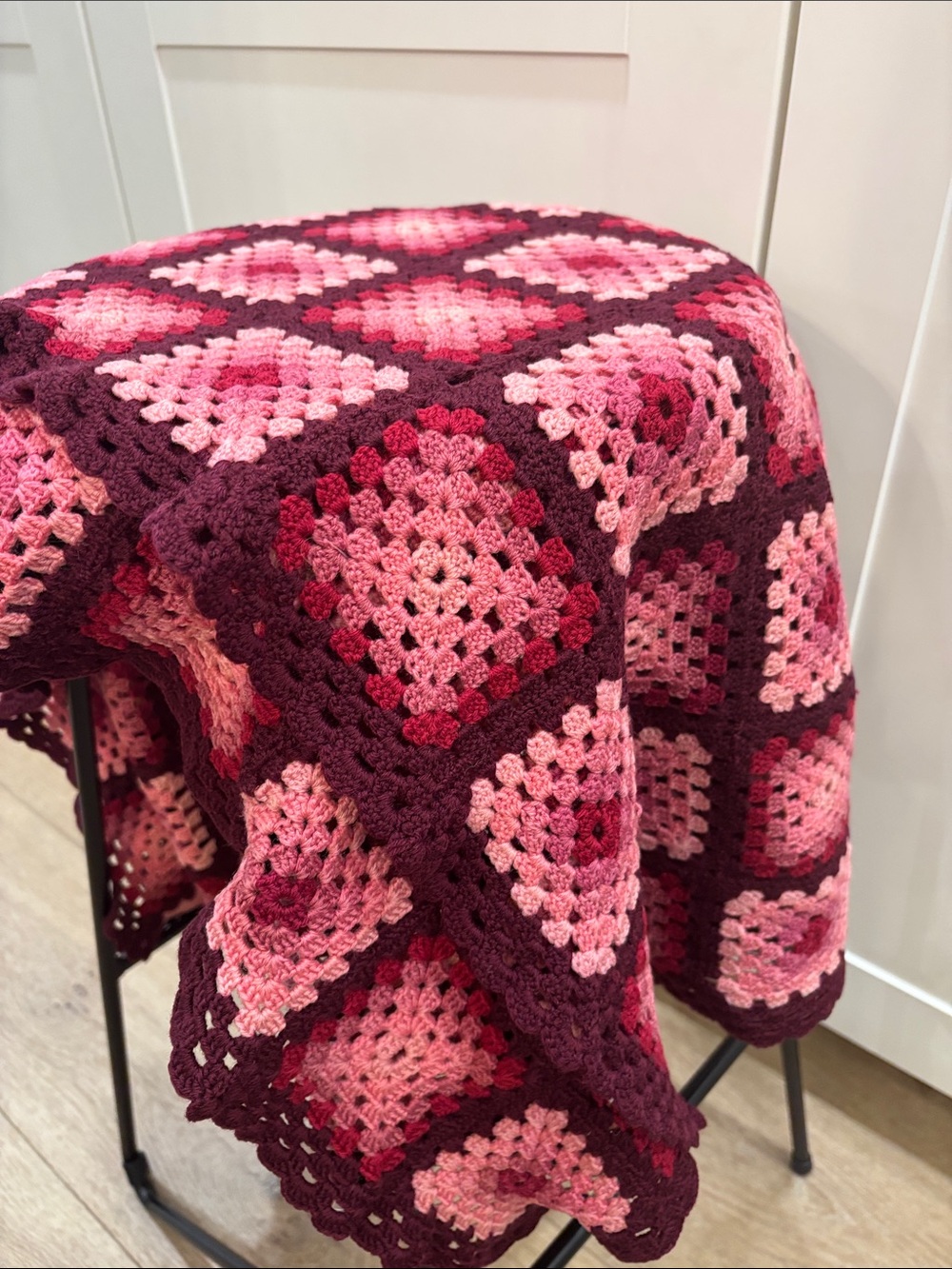 Handmade Pink and Burgundy Crochet Granny Square Throw